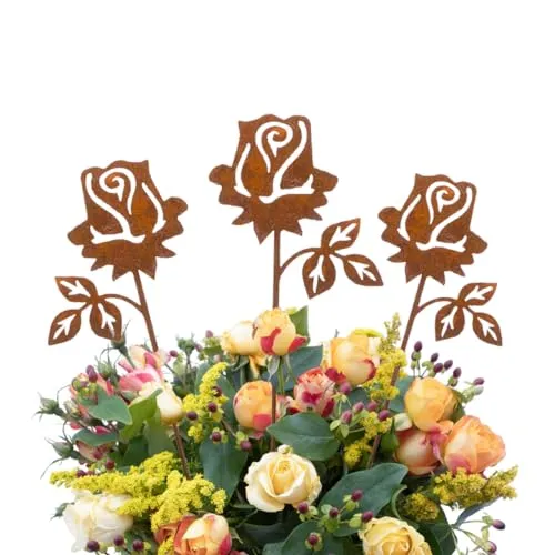 LB H&F Lilienburg 3er Set Rose Roststecker Blume Rostrose Liebe Gartenstecker Rostblume Gartenfigur Rost Metall (Rosen)