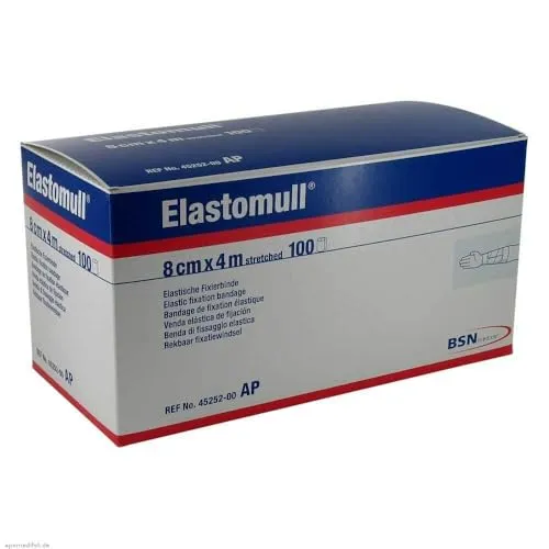 Elastomull 4mx8cm - Elastische Fixierbinde, 100 Stück - Mullbinden für professionelle Wundversorgung, rutschfester Halt und hohe Elastizität für Bewegungsfreiheit. Ideal für viel bewegte Körperteile und Gelenke.