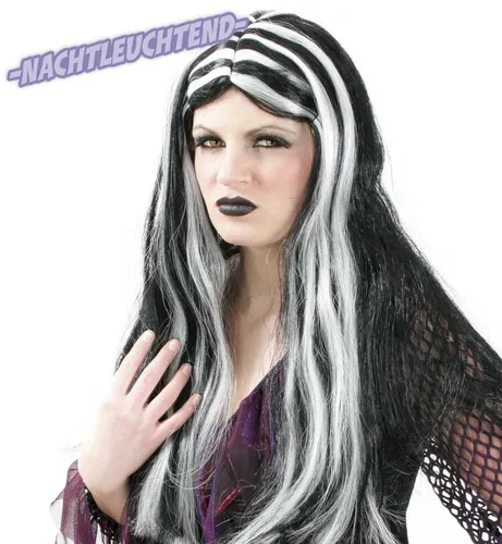 Fasching Perücke Hexe schwarz mit nachtleuchtenden Strähnen Halloween NEU
