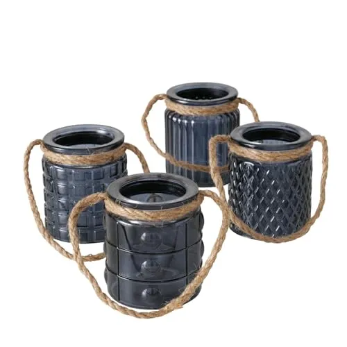 Windlicht Trax aus Glas mit Kordel - dunkelgrau, kleine Quadrate