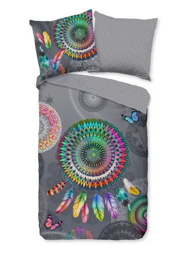 Traumschloss Flanell Bettwäsche Set, 2-teilig, bunte Mandalas auf grauem Hintergrund - Bettwäsche-Set aus 100% Baumwolle, ideal für kalte Nächte mit wärmender Flanell-Oberfläche und praktischem Reißverschluss für einfaches Beziehen.