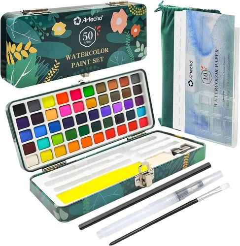 Artecho Aquarellfarbe Set – 24 / 50 / 100 / 128 Wasserfarben mit Aquarellpapieren & Pinseln,