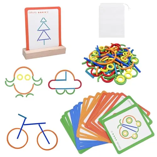 Comzantor Montessori Spielzeug ab 3 Jahre, 120 Stück Puzzle Stöcke und Ringe mit 20 Karten, Holzpuzzle Kinder, Form Farberkennung Lernspiele, Steckpuzzle Lernspielzeug, für Jungen und Mädchen