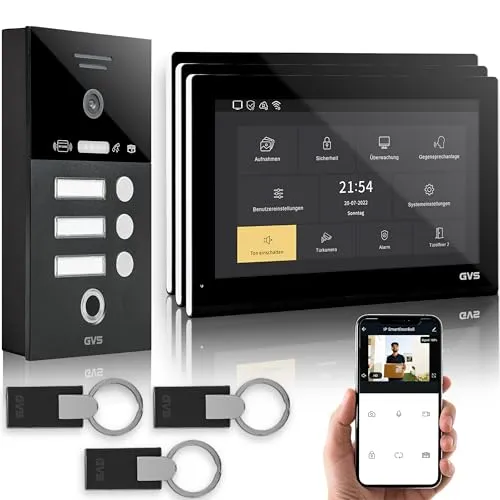 GVS Video Türsprechanlage 3 Familienhaus RFID + Fingerprint - 3x10 Monitor