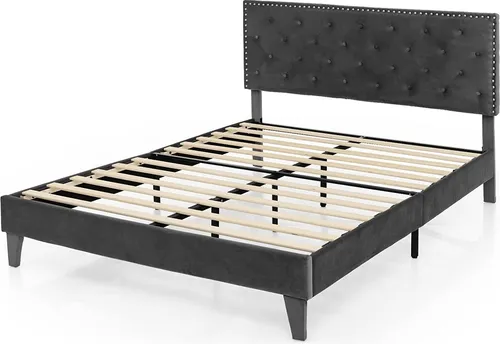 GOPLUS 200 x 180 cm Bettgestell gepolstert mit Kopfteil, Doppelbett modern mit Lattenrost Massivholz, bis 450 kg belastbar, ohne Matratze