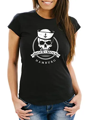 MoonWorks® Damen T-Shirt Totenkopf Matrose Anker Motiv Skull Emblem Schriftzug Moin Moin Hamburg Spruch Frauen Fun-Shirt schwarz 3XL