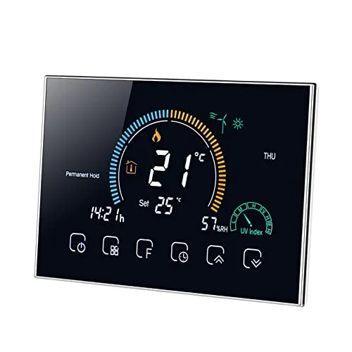 Kavolet Intelligentes Wi-Fi-Thermostat, programmierbar, für Wasser-/Gaskessel, UV-Index, Feuchtigkeitsanzeige, Sperrfunktion, APP Steuerung, LCD-Hintergrundbeleuchtung, kompatibel mit Echo Google Home