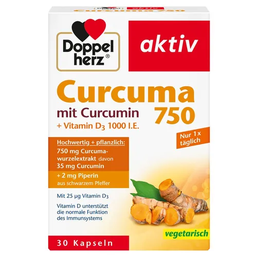 Doppelherz aktiv Curcuma 750 mit Curcumin + Vitamin D3 - Nahrungsergänzungsmittel für gesundes Wohlbefinden, unterstützt durch die Kombination aus Curcumin und Vitamin D3 für optimale Immunfunktion.