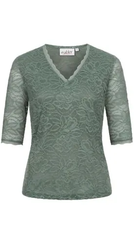 Nübler Trachtenbluse Damen - Kurzarm, mit Spitze verzierte Bluse, Shirtstoff - Moderne bayerische Tracht, Frieda in Grün, Größe:40