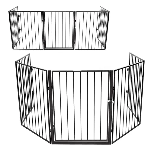 KRUMAD Kaminschutzgitter Baby 300 cm – Ofenschutzgitter für Kinder & Haustiere – Flexibles Kinderschutzgitter aus Metall mit Tür, Klappbar & Stabil – Absperrgitter für Kamin, Ofen & Treppe
