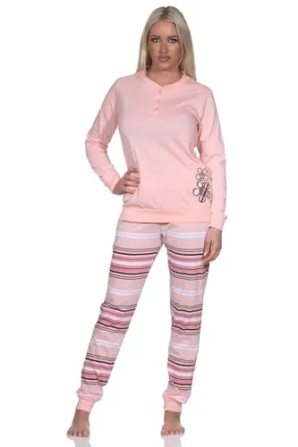 Normann Damen Pyjama mit Bündchen und gestreifter Hose - Übergrößen in Rosa, Größe 56-58 - Eleganter Damen Schlafanzug mit gestreifter Hose und Blumenapplikation. Die Bündchen sorgen für optimalen Tragekomfort und verhindern Verrutschen. Auch in Übergrößen erhältlich. OEKOTEX STANDARD 100: Schadstofffrei und pflegeleicht.
