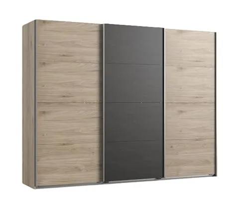 Moderner Schwebetürenschrank 3-türig B270/H208/T65 cm, 3 Einlegeböden u. 3 Kleiderstangen höhenverstellbar, Kleiderschrank Korpus u. Außentüren Eichen-Dekor, Mitteltür in grauer Stahl-Optik / 22004