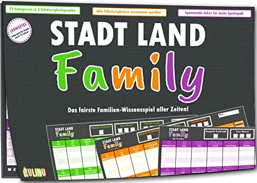 Stadt, Land, Family - Das fairste Familienspiel - Gesellschaftsspiel mit 23 Kategorien in 3 Schwierigkeitsgraden, ideal für kreative Köpfe ab 8 Jahren. 3 Spieleblöcke sorgen für langanhaltenden Spielspaß und faire Chancen für alle!