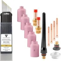 STAHLWERK Elektrowerkzeug-Set WIG Gaslinsen Schweißzubehör 24tlg - Werkzeugset mit hochwertigem WIG Schweißzubehör für optimale Schweißergebnisse. Reduziert Gasverbrauch und erhöht die Lebensdauer der Wolframelektroden.