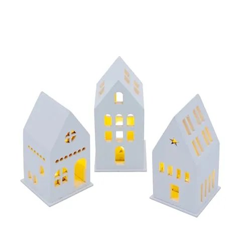 Spetebo LED Holz Haus weiß Batterie betrieben 13 cm - 3er Set - Deko Weihnachtsdorf mit Beleuchtung in warm weiß - Weihnachts Tisch Deko Aufsteller Winter Haus