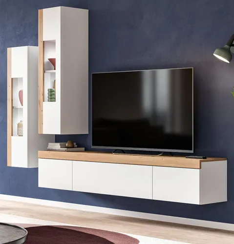 Inn.Furn Wohnwand Siena - Elegante Schrankwand in Weiß mit Eiche - Moderne Wohnwand 