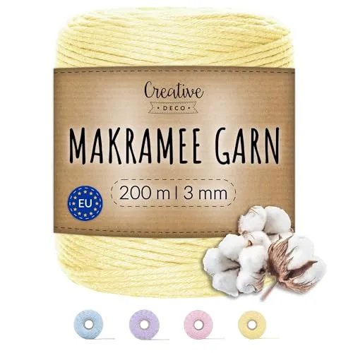 Creative Deco 200m Pastel Gelb Makramee Garn Baumwoll Polyester | 656 Fuß | 2-3 mm Dicke | Baumwollkordel Baumwollschnur Baumwollgarn Kordel Baumwolle Cord Große Seil Rolle Starke | Handwerk Stricken