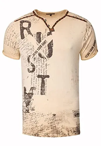 V-Neck Herren T-Shirt Vinatage Used-Look mit Plakativem Front und Back Print Kurzarm-Shirt Wildleder-Details mit Nieten-Verlauf 289, Farbe:Beige, Größe S-3XL:3XL