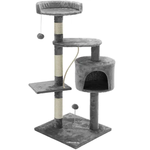 Kratzbaum Silbergrau 112cm - Kratzbaum für Katzen, 112 cm hoch – mit 3 Aussichtsplattformen, einer gemütlichen Höhle und Spielbällen. Ideal für Spiel, Krallenpflege und Entspannung.