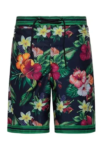 King Kerosin Herren Badeshorts · Bademode · Badehose · Swim Trunks · Tropical · Hawaii · Allover Print · Retro · Vintage · 50s · Taschen · Schnell Trocknend · Tropical Flowers