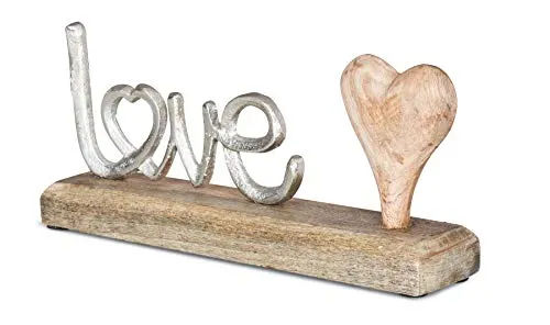levandeo Schriftzug Love L25,5cm Metall Silber Mango Holz Deko Aufsteller Tischdeko Wohndekoration Herz Liebe Geschenk