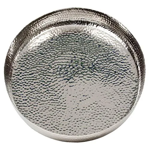 großes rundes XL Tablett Ø 46 cm Aluminium gehämmert - flaches Dekotablett für Trockengestecke, für Kerzen, für Dekofiguren, zu Ostern oder Weihnachten