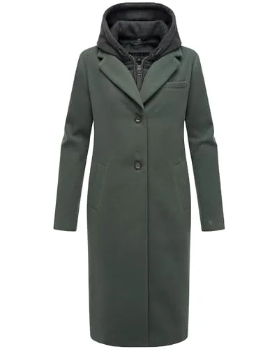 Navahoo Damen Mantel in Woll-Optik langer Trenchcoat leicht oversized mit (abnehmbarem) Kapuzen-Einsatz aus Sweat-Material Kekstraum 14 Stone Green Gr. XXL