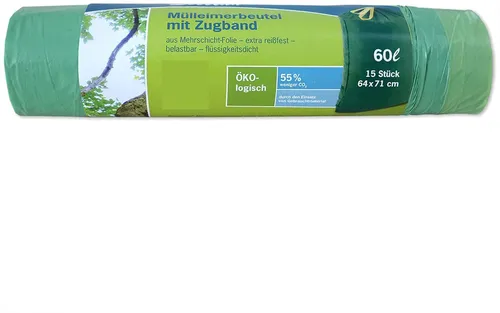 Secolan Mülleimerbeutel mit Zugband grün 60 Liter 15 Beutel