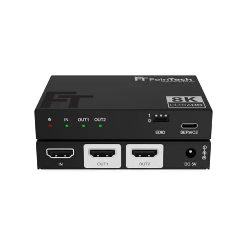 FeinTech SP210 HDMI 2.1 Splitter 1 In 2 Out - Video Umschaltpulte: Verteilt 4K 120Hz Signale auf 2 Displays, unterstützt HDR und Dolby Vision für beeindruckende Bildqualität.