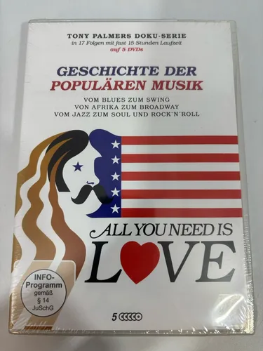 DVD-Box * GESCHICHTE DER POPULÄREN MUSIK - ALL YOU NEED IS LOVE - Box Set mit legendären Künstlern wie den Beatles und Bob Dylan, ideal für Musikliebhaber und nostalgische Filmabende.