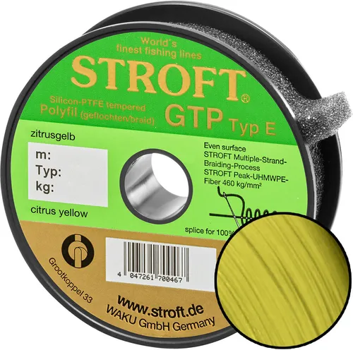 Stroft GTP Typ E Schnur 300m - Zitrusgelb - Hochwertige geflochtene Schnur für Sportfischer, bietet hervorragende Oberflächenglätte und leises Wurfverhalten. Ideal für präzises Angeln und komfortable Nutzung.