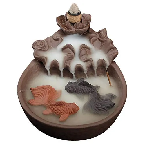 Fisch-Wasserfall-Rückfluss-Räuchergefäß Rückfließ Räucherstäbchen Halter mit 20 Rückfluss-Räucherkegeln, Heim-Keramik-Rückfluss-Räucherkegelhalter-Brenner