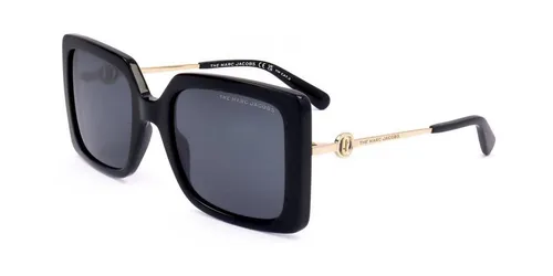 Marc Jacobs schwarze quadratische Sonnenbrille mit grauen Gläsern - Elegante schwarze Sonnenbrille von Marc Jacobs, inklusive Etui und Reinigungstuch. Bietet hohen Tragekomfort und 100 % UV-Schutz – ideal für stilvolle Auftritte im Freien.