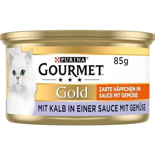Gourmet Gold Zarte Häppchen in Sauce mit Gemüse Katzenfutter nass, mit Kalb und Gemüse, 12er Pack (12 x 85g)