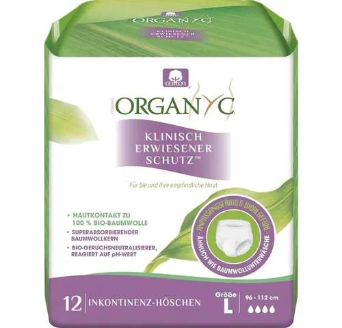 Organyc Inkontinenz-Höschen Größe L - 12 Stück - Hygienemittel mit starker Saugfähigkeit und hohem Tragekomfort, aus Bio-Baumwolle und mit Bio-Geruchsneutralisierer für maximale Diskretion.