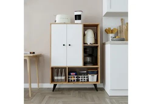 Roomart Kommode SIMON - Vielseitiger Mehrzweckschrank in Weiß-Eiche - Kommode, modernes Design mit pflegeleichter Melaminharzbeschichtung und viel Stauraum. Ideal für Wohnzimmer, Flur oder Schlafzimmer – ein echtes Multitalent!