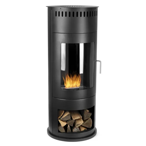 Design Ethanol Kamin freistehend 113 cm hoch - Moderner Bioethanol-Kamin für Wohnzimmer, ohne Schornstein nutzbar. Edles rundes Design in Schwarz mit Sichtfenster für stimmungsvolle Flammen und einfache Platzierung.