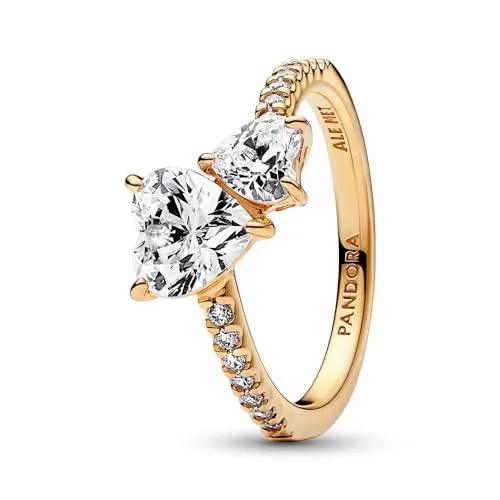 PANDORA Double Heart Sparkling Ring 161198C01-50 - Ringe für Damen, 14k vergoldet mit funkelnden Cubic Zirconia für einen eleganten Look