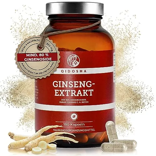 QIDOSHA® Ginseng Kapseln hochdosiert mit 80% Ginsenosiden - Pflanzliches Ergänzungsmittel Ginseng, hochdosiert mit 80% Ginsenosiden aus original Roter Panax Ginseng, laborgeprüft und in nachhaltigem Apothekerglas abgefüllt.