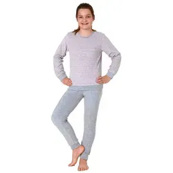 Normann Pyjama Mädchen Frottee Pyjama lang mit Bündchen Schlafanzug mit Herz Motiv grau 146-152