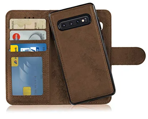 MyGadget Flip Case für Samsung Galaxy S10 - [ abnehmbare Magnet Hülle ] - Handyhülle aus Kunstleder - [ Klapphülle mit Kartenfach ] Schutzhülle in Braun