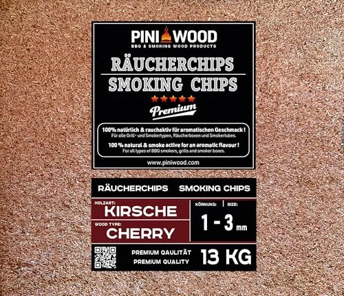 PINI 13 Kg Räucherchips Kirsche 1-3 mm - Räucherchips aus 100% Kirschenholz, ideal für zarte Gerichte. Verleihen Sie Ihren Speisen ein mildes, süßliches Raucharoma – perfekt für Grill-, Smoker- und Räuchergeräte.