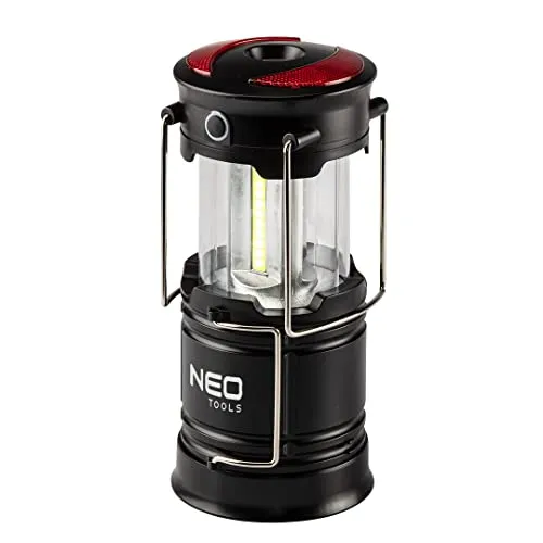 NEO TOOLS 3 in 1 Batterie Camping-lampe, Taschenlampe, Warnlicht, 3W, 200 Lumen, COB-LED, 3xAA-Netzteil (nicht enthalten), 2 Griffe zum Tragen und Aufhängen, Schiebekonstruktion, Magnete im Sockel