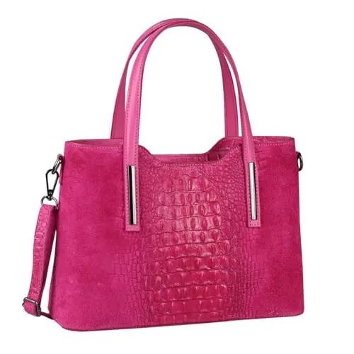OBC Made IN Italy Damen Echt Leder Tasche Kroko-Prägung Business Shopper Wildleder Schultertasche Handtasche Ledertasche Umhängetasche (Pink)