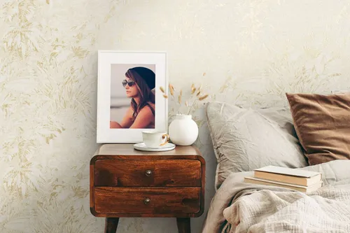 Vliestapete Tropisch Blattmuster Beige Weiß Gold Metallic 39560-1 (3,05€/1qm)