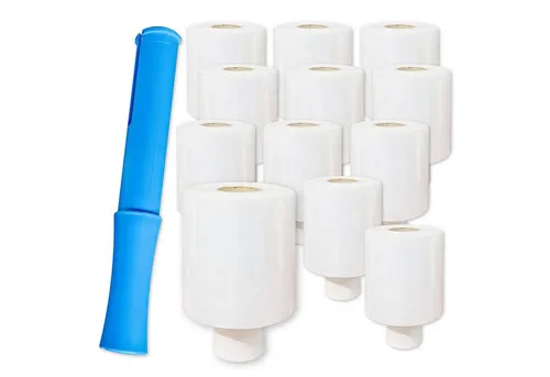 Stretchfolie mini transparent 100mm 150m 20my inkl. Abroller - Praktische Stretchfolie mit 100 mm Breite und 150 m Länge, ideal für effizientes Verpacken. Inklusive Handabroller für einfache Anwendung. Perfekt für den professionellen Einsatz in der Materialbeförderung.