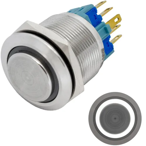 Edelstahl Drucktaster erhaben Ø22mm Ring LED Kalt Weiß IP65 2,8x0,5mm Pins 250V
