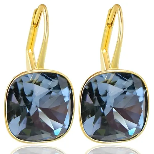 Ohrringe Blau 925 Silber Gold Marken Kristalle Denim Blue Ohrhänger kurz Klappverschluss minimalistisch NOBEL SCHMUCK