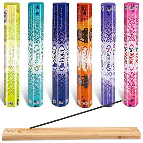 Uponer Räucherstäbchen Set 6 Verschiedene Packungen ca. 120 Sticks mit 6 Düfte Räucherstäbchen Sparset mit 6 Düfte Sandelholz, Veilchen, Rose, Lavendel, Vanille, Yilan mit 1 x Räucherstäbchenhalter