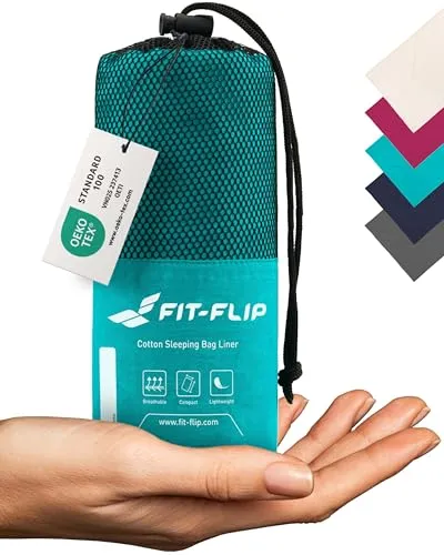 Fit-Flip Hüttenschlafsack Baumwolle - ultraleichter Innenschlafsack 325g - dünner Reiseschlafsack - kompakt, klein & seidig weich - Schlafsack Inlett mit Kissenfach - Farbe: Türkis